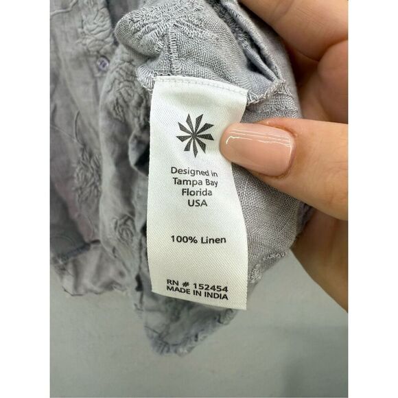 Karyn Seo Womens Gray Linen Embroidered Roll Tab Sleeve Button Up Shirt Sz Large - Picture 7 of 10